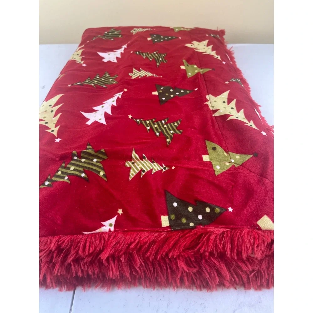 Marlo Lorenz Red Christmas Trees Fringe Faux Fur Backing Micromink Throw Blanket